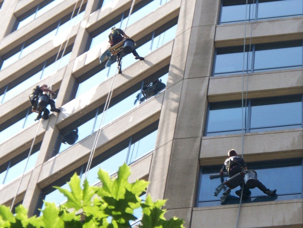 window washing high rise building