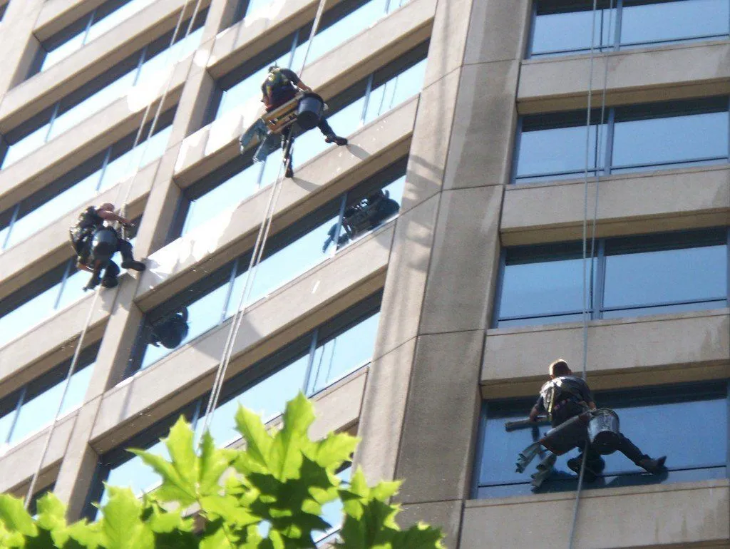 window washing high rise building