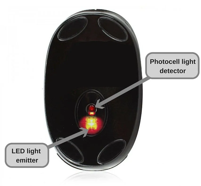 Bottom view of an optical mouse