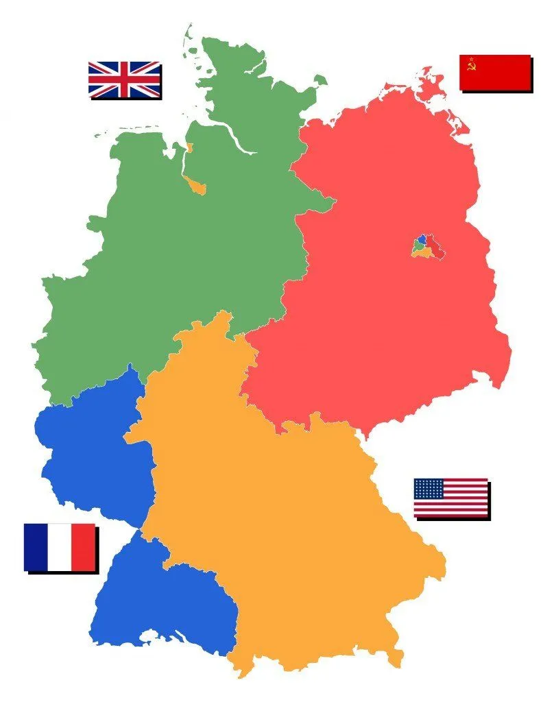 Germany was divided into four zones, as was Berlin, which was situated deep inside the region controlled by the Soviets.