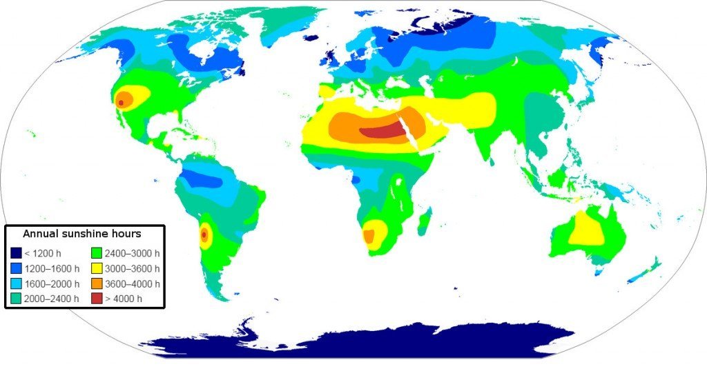 Map of yearly sunshine hours in the world