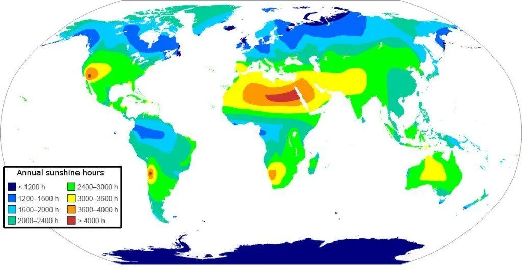 Map of yearly sunshine hours in the world
