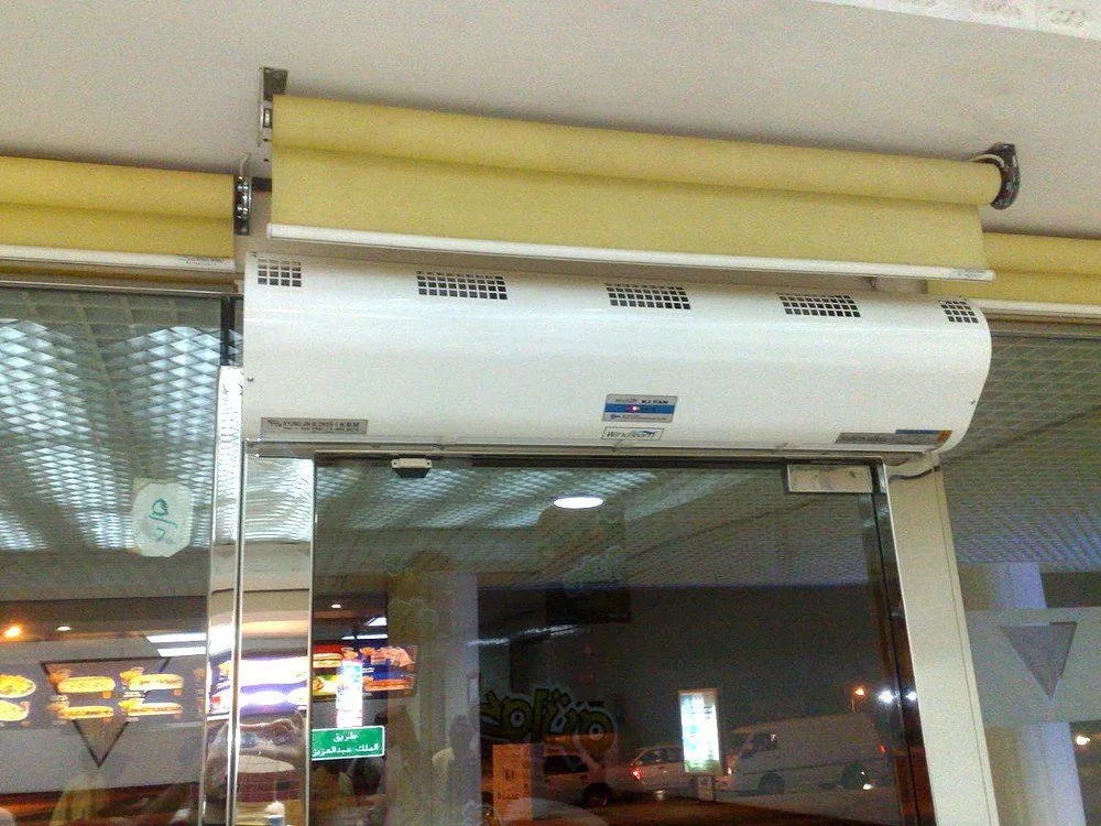 This air curtain is used to separate inside and outside air without blocking an open doorway