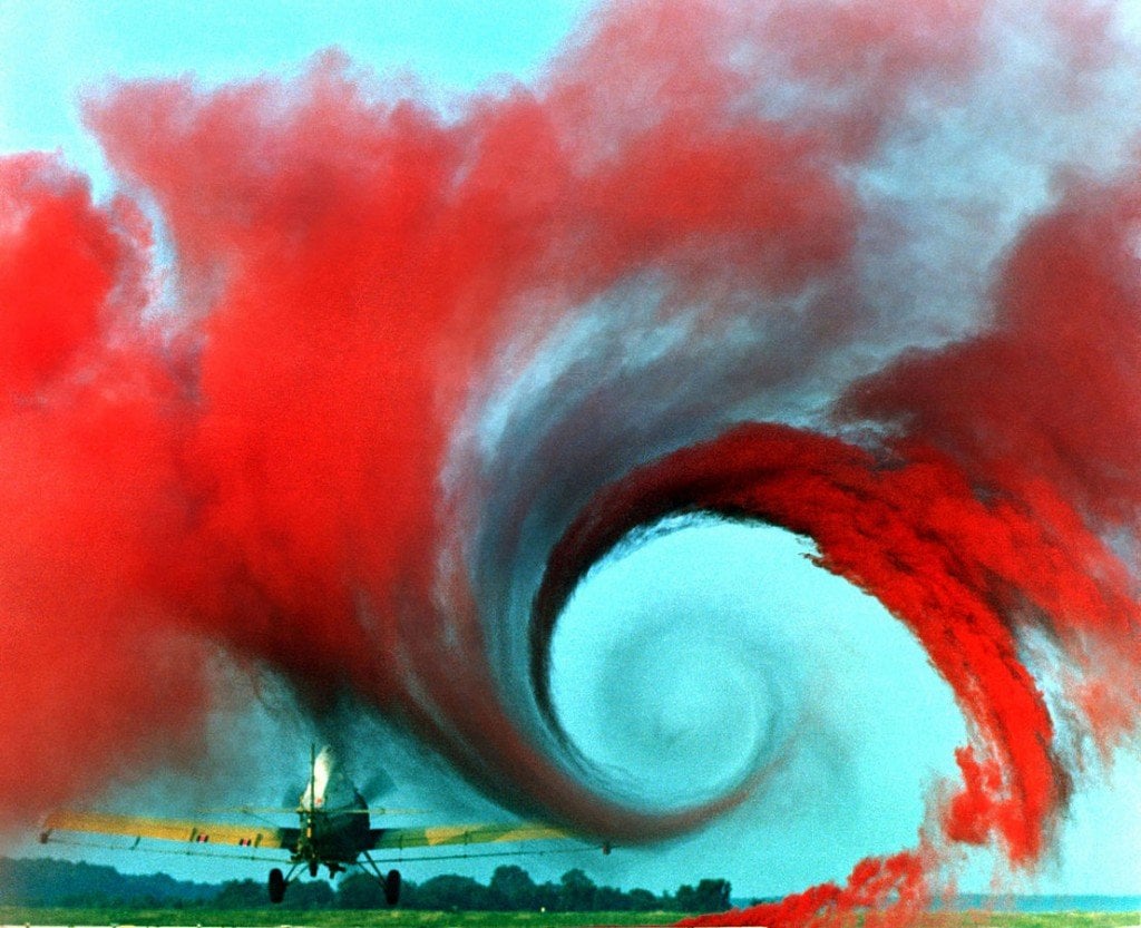 This picture from a NASA study on wingtip vortices qualitatively illustrates the wake turbulence.