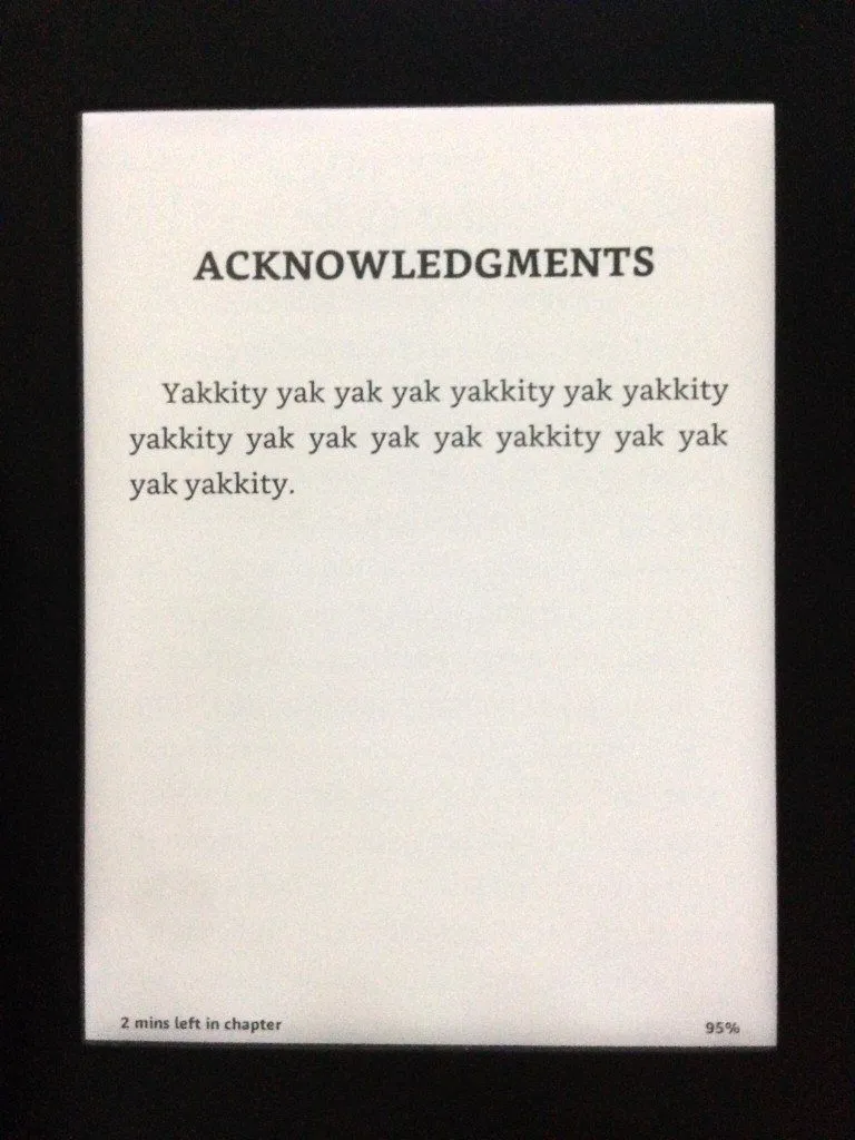 On my Kindle: The page of acknowledgments in comedian Steve Martin’sCruel Shoes.