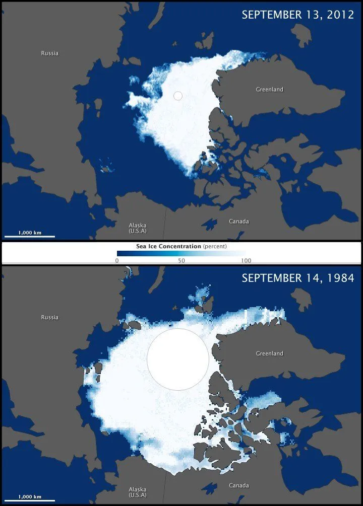 Satellite image indicating the dwindling permanent ice in the Arctic.