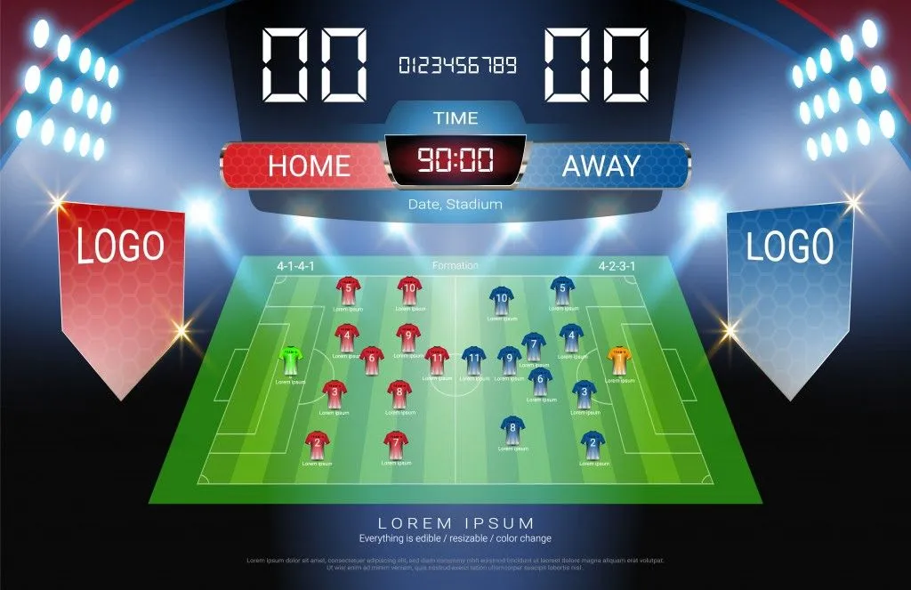 Football or soccer starting lineup, Jersey uniforms and Digital timing scoreboard match vs strategy broadcast graphic template for presentation score or game results (Vector file fully editable) - Vector( PRAIRAT FHUNTA)s