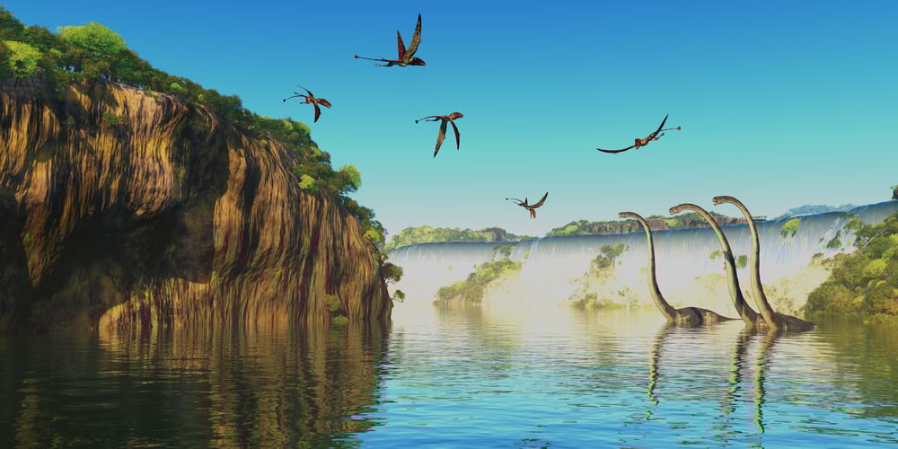 Dimorphodon and Omeisaurus Dinosaurs - Omeisaurus herbivorous sauropod dinosaurs wade through a river below a waterfall as Dimorphodon flying reptiles fly overhead. - Illustration(Catmando)s