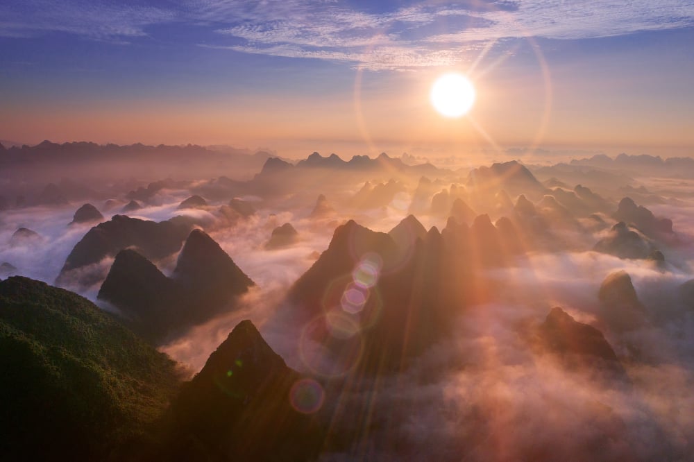 Aerial view of dawn on mountain at Ngoc Con ward, Trung Khanh town, Cao Bang province, Vietnam - Image( Nguyen Quang Ngoc Tonkin)s