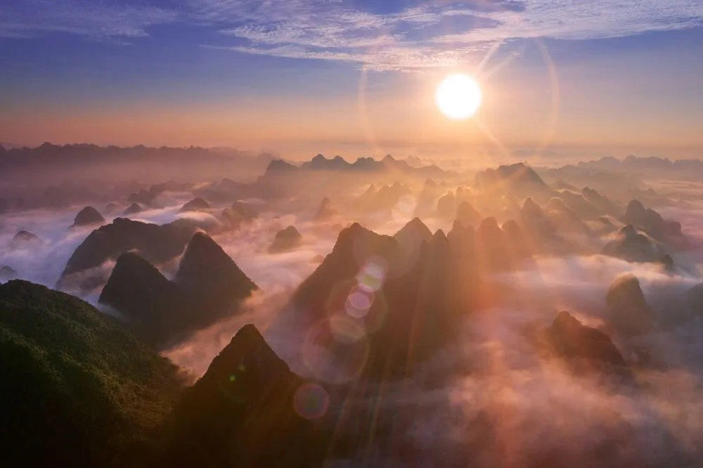 Aerial view of dawn on mountain at Ngoc Con ward, Trung Khanh town, Cao Bang province, Vietnam - Image( Nguyen Quang Ngoc Tonkin)s