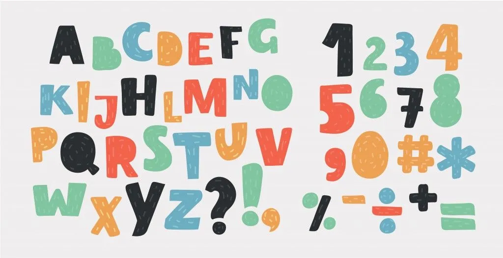 Vector cartoon of Bright alphabet set. Stylish letters and numbers in different modern color(cosmaa)s