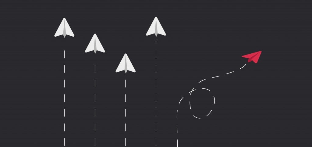 Flying paper airplanes. Think different, outside the box. Vector illustration. Dark horse among all(NoDenmand)s