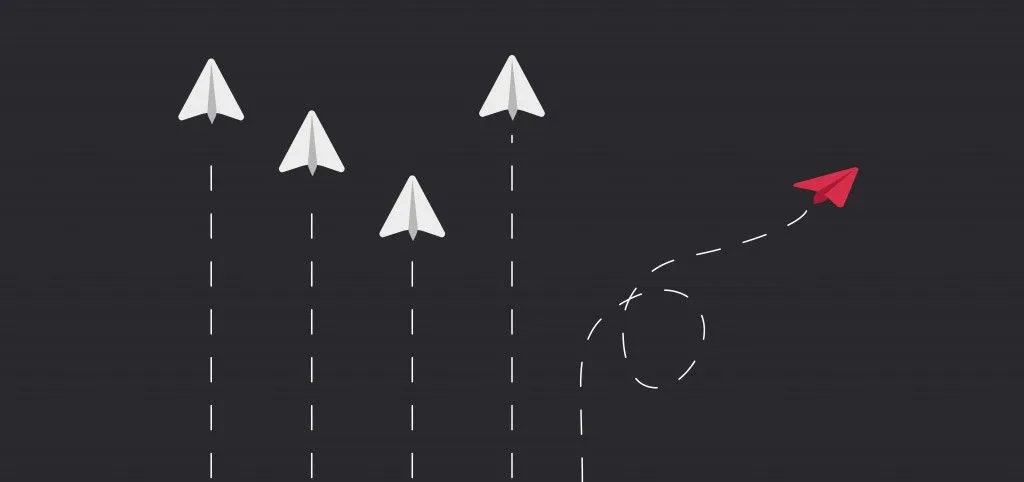 Flying paper airplanes. Think different, outside the box. Vector illustration. Dark horse among all(NoDenmand)s