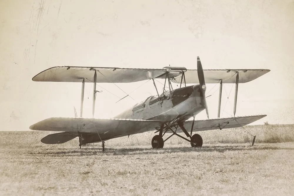 Old airplane at the airfield. Air travel with biplane - concept of retro aviation. Retro image of old aircraft.( Repina Valeriya)s