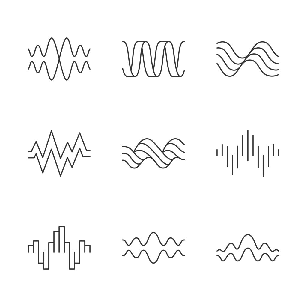 Sound waves linear icons set. Music rhythm, heart pulse. Audio waves, sound recording and signals(bsd)s