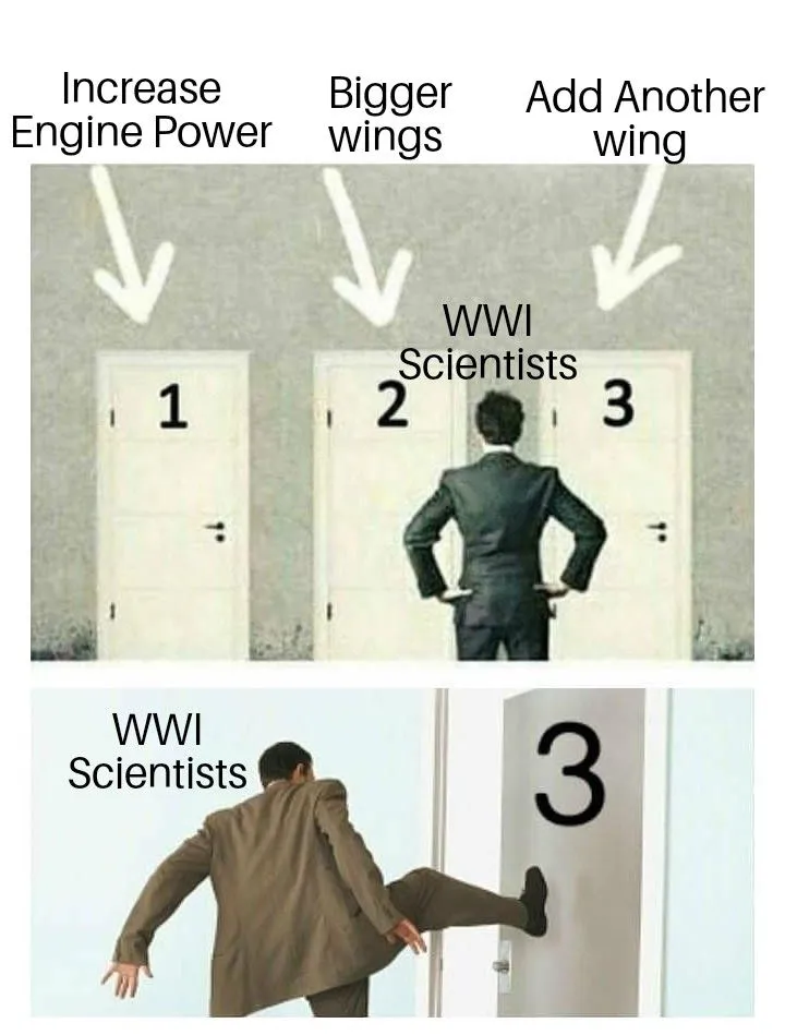 Since powerful engines were not available and increasing wingspan was not an option, the scientists did the only thing possible—added another wing.
