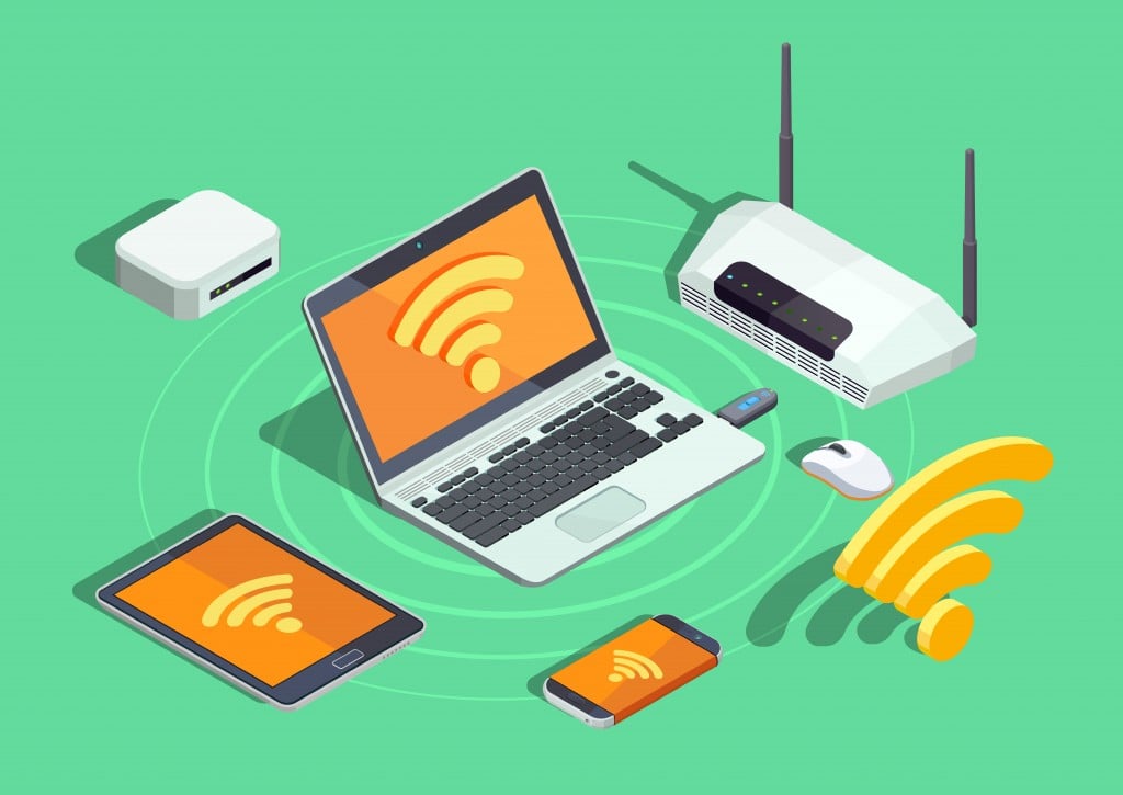 Wireless technology devices isometric poster with laptop printer smartphone router and wifi internet connection symbol vector illustration(Macrovector)s