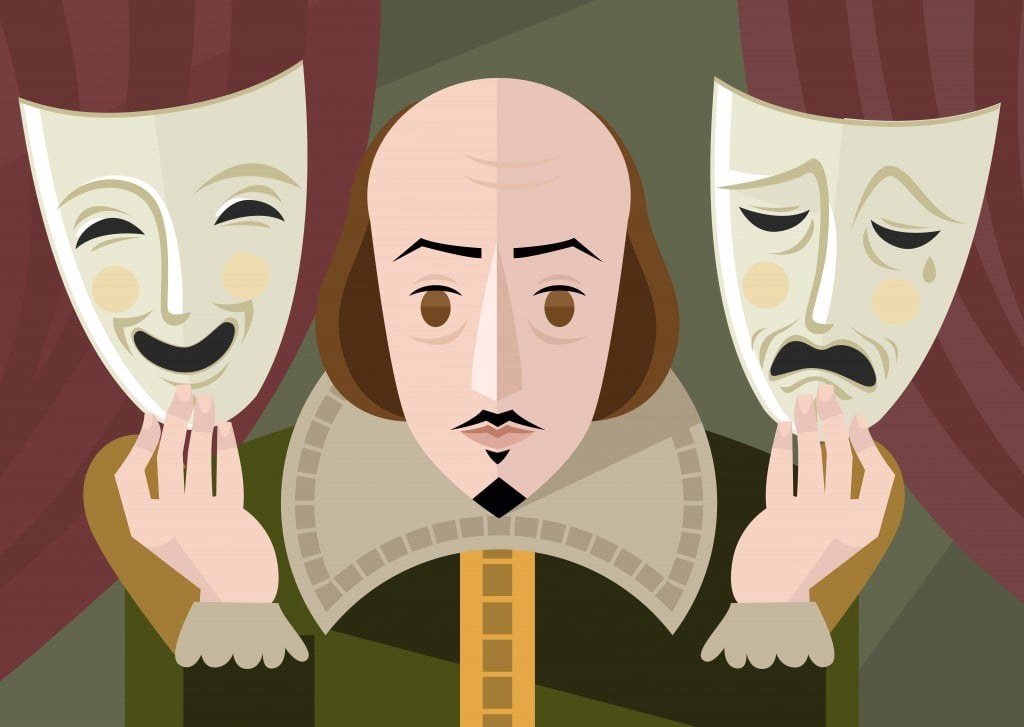 great english playwright with theater masks on stage - Vector(delcarmat)s
