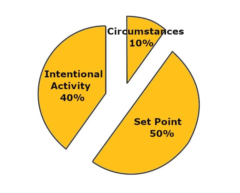 While happiness is majorly determined by set point, life circumstances affect a mere ten percent of it. Surprisingly, the activities that we intentionally engage in take up a considerable portion of the pie!