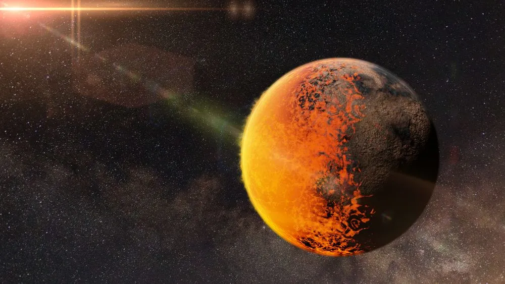 tidally locked alien planet with a molten and a rocky side lit by a nearby sun( Dotted Yeti)s