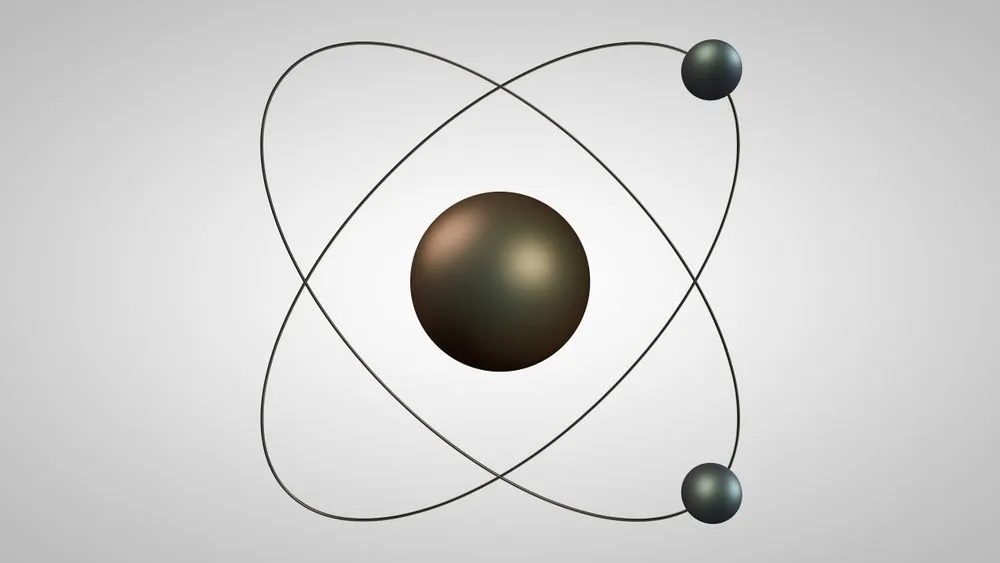 3D illustration of an atom model with a nucleus and two electrons(Tschub)s