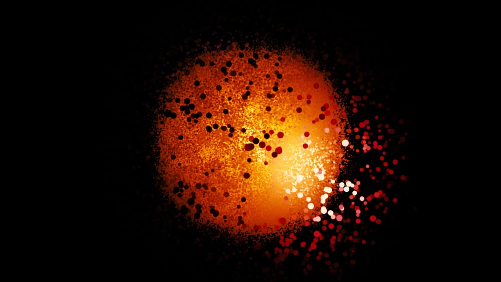 Abstract atom with orange shining nucleus and the electrons cloud flying( Media Whalestock)s