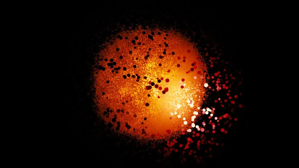 Abstract atom with orange shining nucleus and the electrons cloud flying( Media Whalestock)s