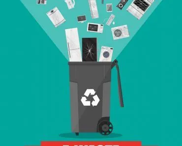 e-waste recycle bin container with old computer equipment, phones, laptop, mouse, keyboard(Abscent)s