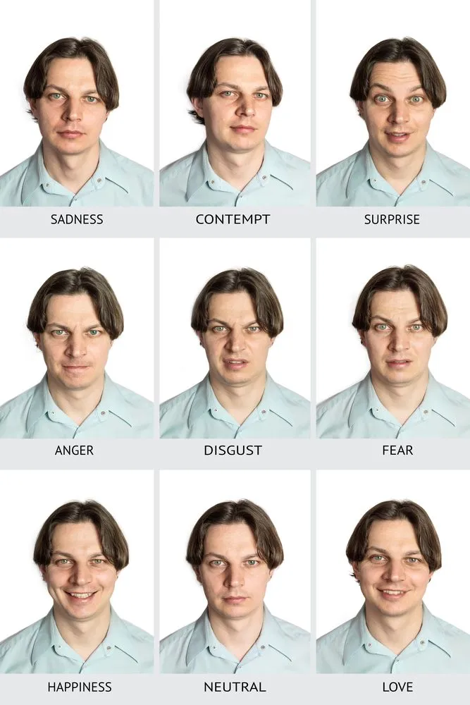 human microexpressions. A Caucasian male showing sadness, contempt, surprise, anger, disgust, fear, happiness, love, and a neutral expression(Plateresca)s