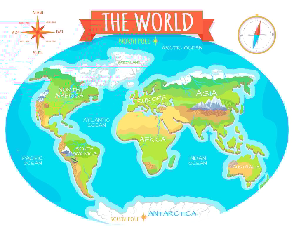The World geographical map. Names of continents,oceans(robuart)s