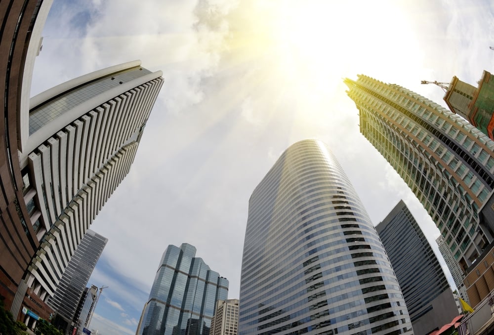 office building and Sunbeam on sky, shot with a Fisheye lens( Onk-Q)s