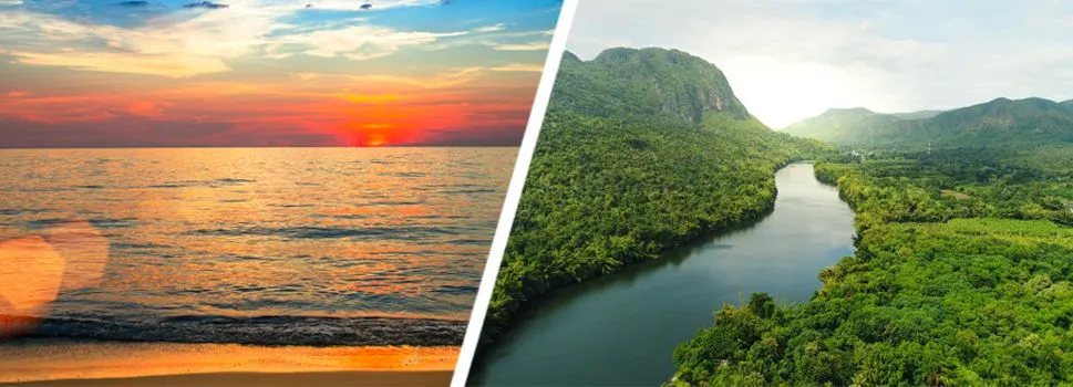 (L) The big blue ocean (marine habitat) and, (R) a river (freshwater habitat) cutting through a forest. (Photo Credit : De Visu & Atstock Productions/Shutterstock)