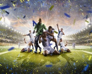 Collage adult soccer players in action on stadium panorama(Eugene Onischenko)s