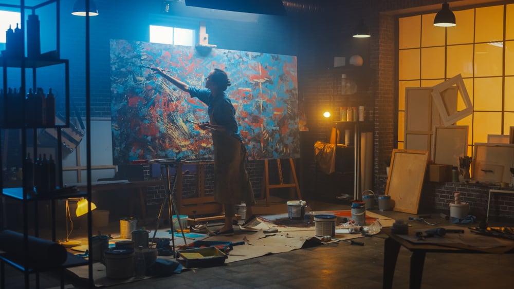 Talented Female Artist Works on Abstract Oil Painting, Using Paint Brush She Creates Modern Masterpiece(Gorodenkoff)s