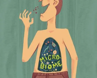 Vintage style color illustration of the microbiome in a cartoon man's digestive system(DomCritelli)S