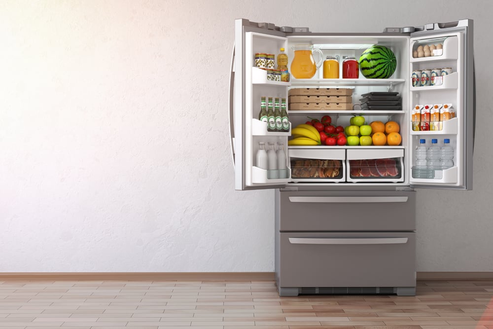 Open fridge refrigerator full of food in the empty kitchen interior. 3d Illustration