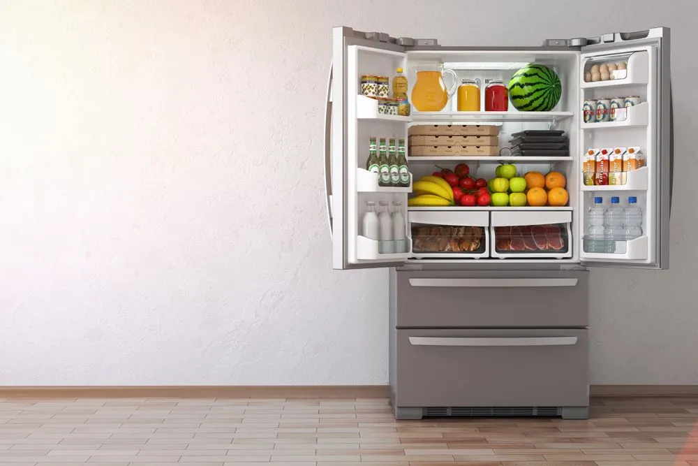 Open fridge refrigerator full of food in the empty kitchen interior. 3d Illustration