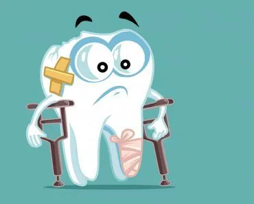 Strong cartoon tooth with a glass of milk and muscles