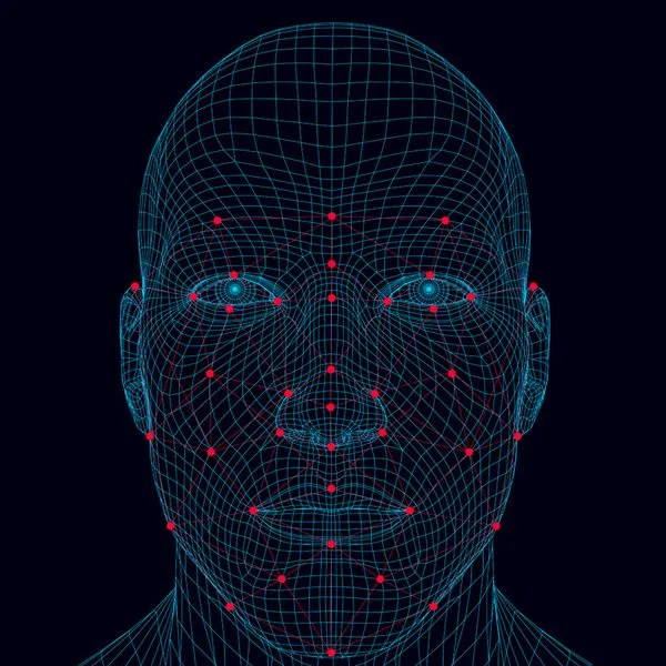 Face recognition men. The polygonal wireframe of the head of a man demonstrates face recognition technology. A lot of points and lines for recognizing a person's personality. Vector illustration.