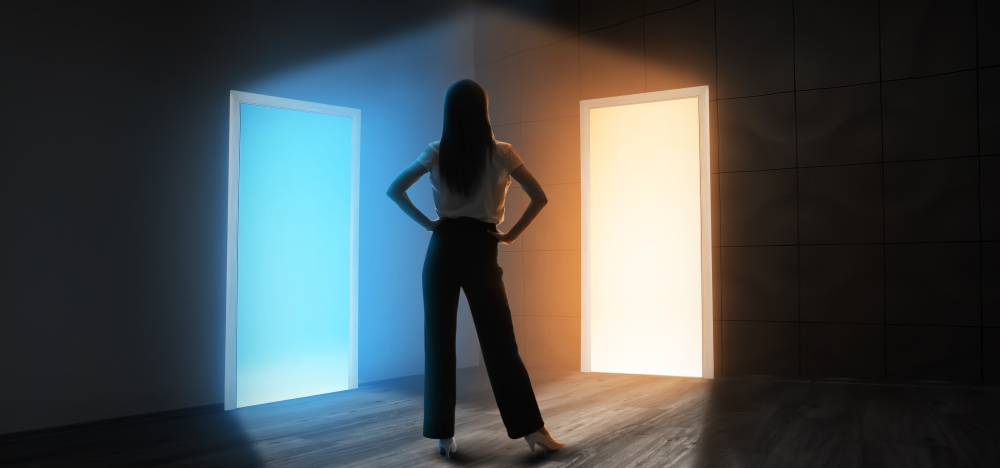 Young,Woman,In,Dark,Room,With,Two,Open,Doors.,Concept