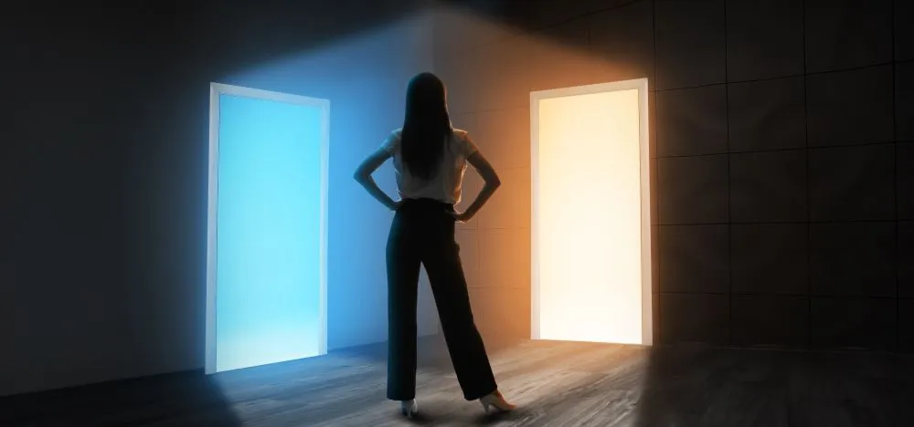 Young,Woman,In,Dark,Room,With,Two,Open,Doors.,Concept