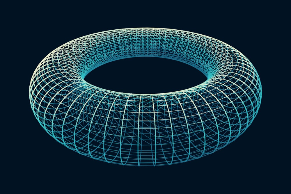 Connection Structure. Torus Shape Wireframe. Cyberspace Grid. Glowing mesh on a dark background.