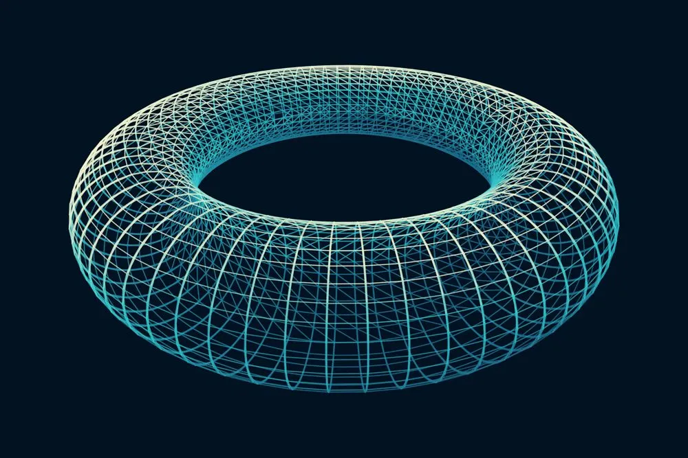 Connection Structure. Torus Shape Wireframe. Cyberspace Grid. Glowing mesh on a dark background.