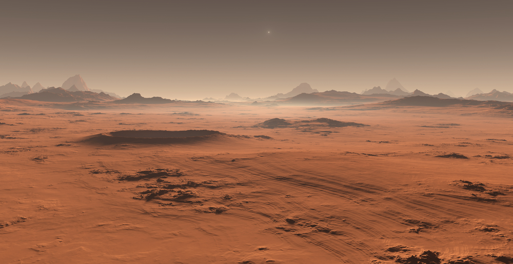 Sunset,On,Mars.,Martian,Landscape.,3d,Illustration