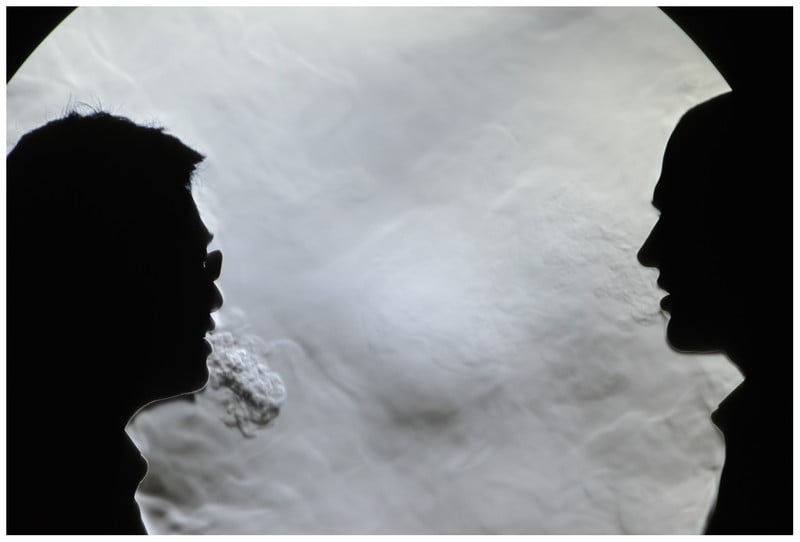 Two subjects in position in front of the schlieren mirror