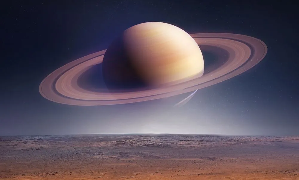 Landscape,With,Saturn,Planet,In,Sky,With,Stars.,Fantasy,Space