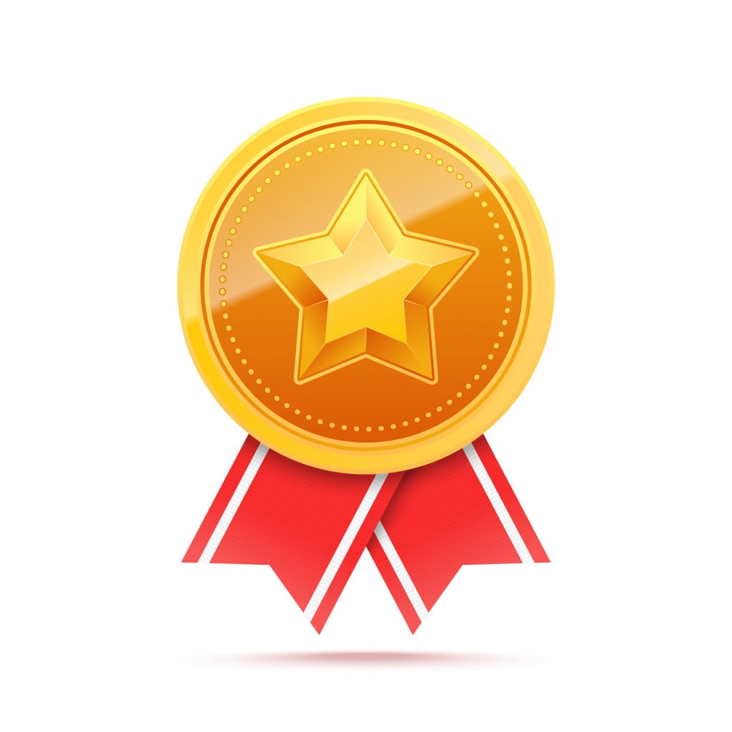3D Gold medal with star and red ribbon. Winner award icon