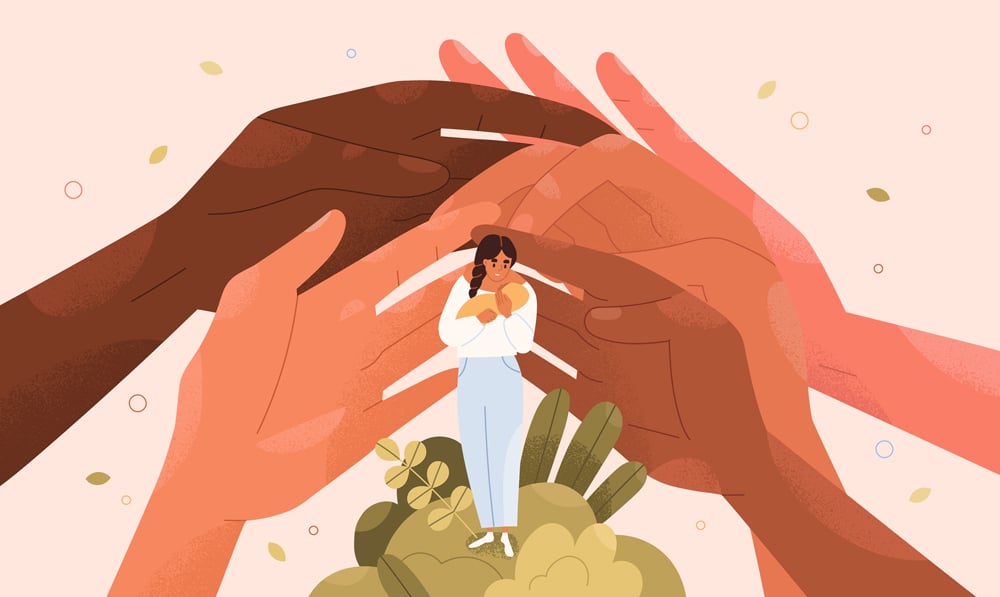 Concept of support and protection of young single mothers with babies. Help hands and assistance of family and society for moms with children. Happy safe motherhood. Colored flat vector illustration