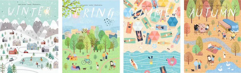 Set of posters for winter, spring, summer and autumn. Cute vector illustration of four seasons. Drawings of people, nature, trees, park and beach