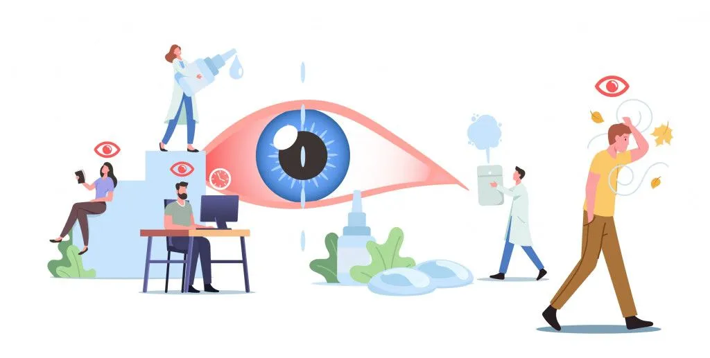 Tiny Characters around of Huge Eye. People Suffer of DES, Dry Eyes Syndrome and Conjunctivitis Disease Visit Clinic